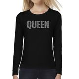 Bellatio Decorations Glitter Queen longsleeve shirt zwart met steentjes/ rhinestones voor dames - Glitter kleding/ foute party outfit S