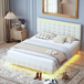 Lit 160x200 cm, Lit adulte 160x200 cm, avec tête de lit LED à hauteur réglable, 2 USB, design suspendu, cadre de lit double, tissu de lin - beige
