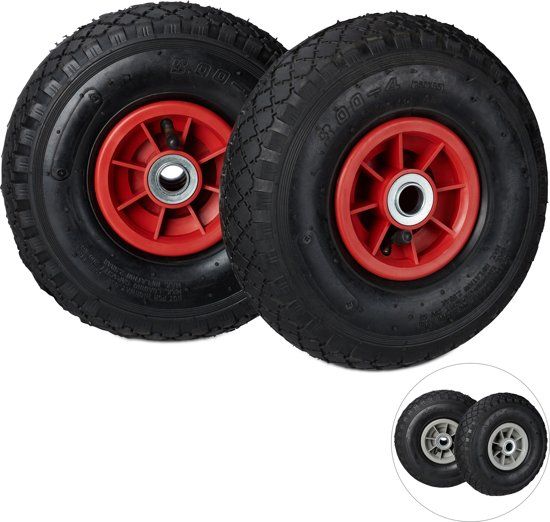 Relaxdays steekwagenwiel 3.00-4 - luchtband steekwagen - reserve band 2 stuks - 260x85 mm zwart-rood