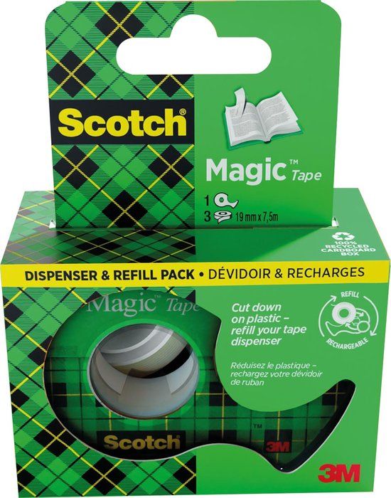 Scotch Magic Tape - Plakband - 19 mm x 7,5 m - Dispenser + 3 rolletjes - Ophangbaar doosje