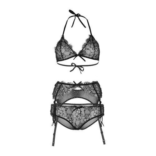 Leg Avenue Zwarte kanten bralette met slip en jarretel met strass