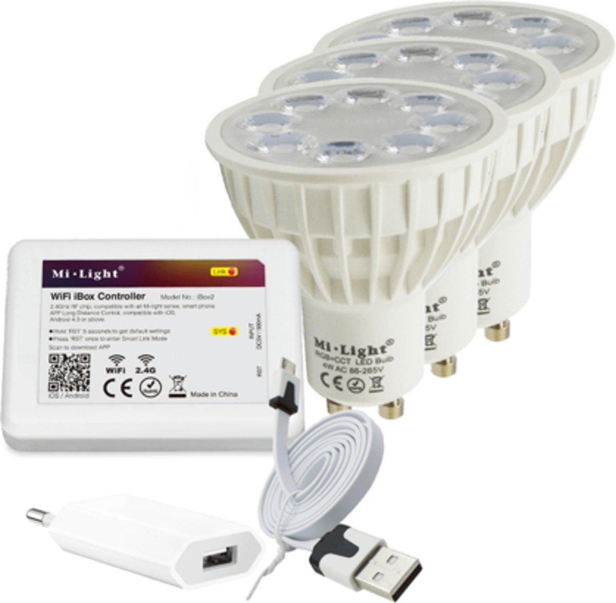 milight starterspakket 7: 3x GU10 RGBWW Wifi spot met Wifi module Ibox2