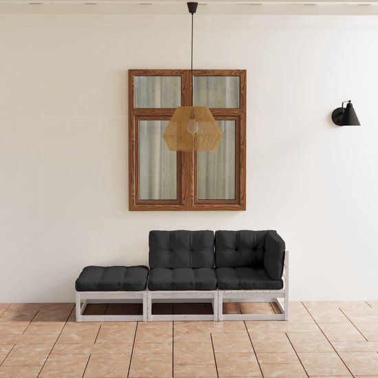 The Living Store Loungeset - Solid Pine - White - Anthracite - 70x70x67 cm - Includes Cushions