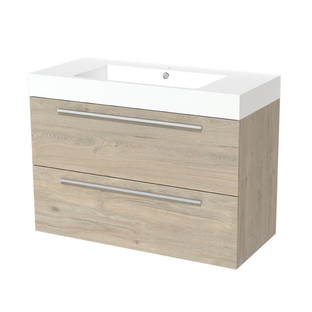 Maxaro Badkamermeubel 100cm Modulo Lichtgrijs Eiken 2 lades Vlak Wastafel Mineraalmarmer