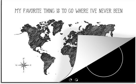 KitchenYeah® Inductie beschermer 77x51 cm - Wereldkaart - Zwart - Wit - Quote - Inductie beschermer