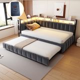 Sweiko gestoffeerde slaapbank 90x200 cm donkergrijs fluweel met uitschuifbed, LED, USB, Type-C en opbergvakken