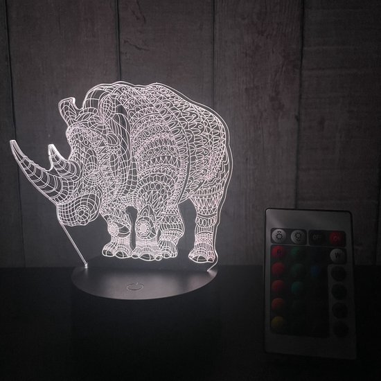 Klarigo Klarigo® Nachtlamp – 3D LED Lamp Illusie – 16 Kleuren – Bureaulamp – Dieren lamp - Neushoorn – Nachtlampje Kinderen – Creative lamp - Afstandsbediening