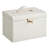 JOYFURNOS Boîte à bijoux 3 niveaux, Organisateur de bijoux avec 2 tiroirs, Étui à bijoux avec étui de voyage portable, avec poignée, Verrouillable, Idée cadeau, Housse en PU blanc nuage, Doublure blanche crème