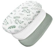 Medi Partners Hoeslaken van mousseline voor kinderwagen 86x40cm 3-delige set bedlaken voor wieg - 100% katoenen mousseline hoeslaken voor co-sleeper babybedje(Olijfbladeren - Wit - Olijf)
