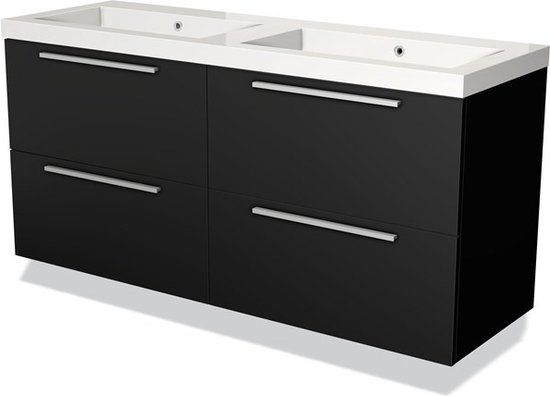 Maxaro Badkamermeubel 140 cm Modulo Mat Zwart 4 Lades Vlak Wastafel Mineraalmarmer