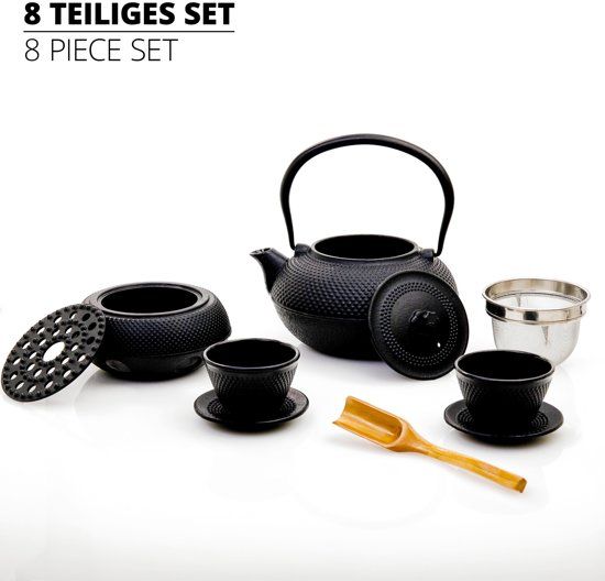 Lumaland - 8 delig theeservies - 1.4 L gietijzeren theepot - theewarmer, lepel, zeef, 2 kopjes en 2 onderzetters