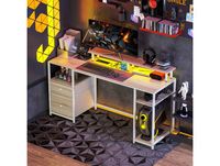 HOMCOM Bureau d'ordinateur bureau lumières LED réglables 2 prises ports USB tiroirs étagères 155,5x48x88,5cm effet bois naturel