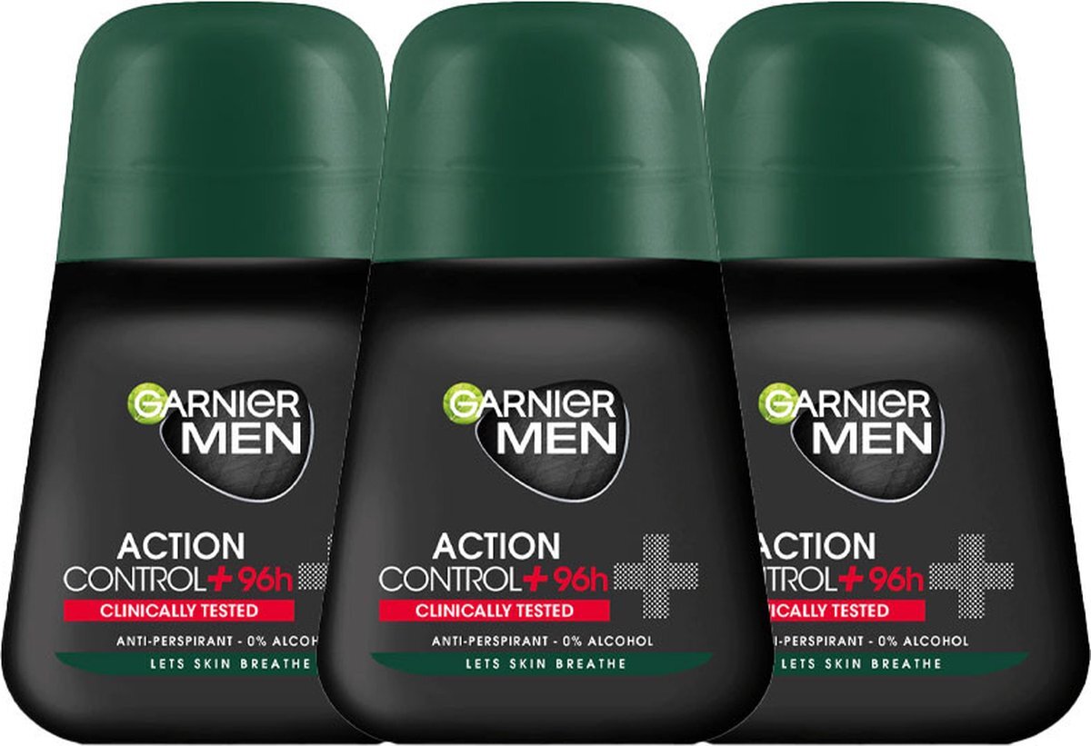 GARNIER MEN Action Control Plus Deodorant Man - Deodorant Roller - 3 x 50 ml - O% Ethyl Alcohol - Laat je huid ademen