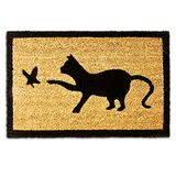 Relaxdays deurmat kokos, met katten print, 40 x 60 cm, rechthoekig, antislip, voor binnen & buiten, kokosmat, bruin