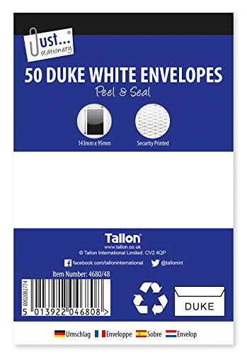 Tallon Just Stationery 50 Envelopes with Adhesive Strip, White