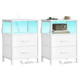 SONGMICS Nachtkastjes met LED-Verlichting en Laadstation, Set van 2 | Bijzettafel met 2 Stoffen Lades en Open Vak, 39,6 x 30 x 60,4 cm, voor Slaapkamer, Wolk wit, BELLAH Collectie LGS202W102