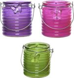 Decoris Citronella windlicht met kaars - 3x - paars/roze en groen - 20 branduren - citrusgeur