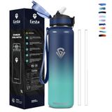 Grsta Thermosfles, 1 l, met rietje, BPA-vrij, gemakkelijk te openen, veilig slot, sportschool, lekvrij, drinkfles voor school, sport, camping, fietsen