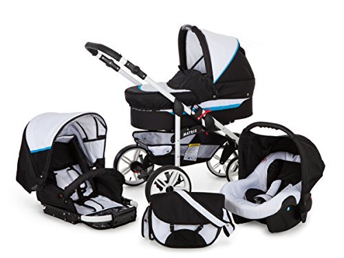 Lux4Kids 3in1 kinderwagen Megaset 4 kleuren zwenwielen alles in één autostoel Isofix babykuip babyschaal Matrix Go 3in1 Weiß & Türkis