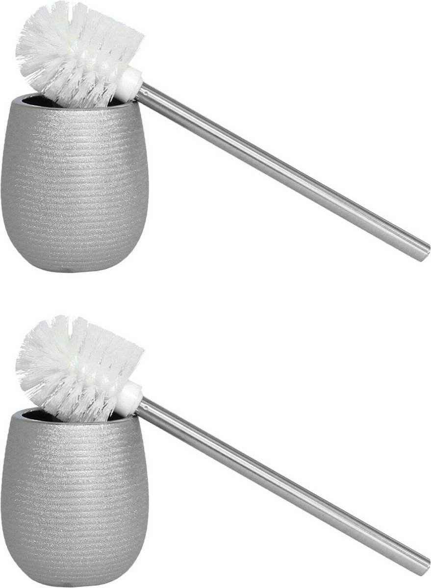 Berilo WC/Toiletborstel in houder - 2 stuks - zilver polystone 40 cm