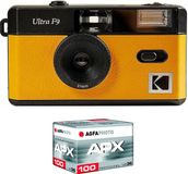 Kodak F9 Pack Analoge Camera + Film 100 ASA – Herbruikbare 35 mm Kodak-camera Geel, Vaste Groothoeklens, Optische Zoeker, Ingebouwde Flitser + APX 100 Film, 36 Opnamen