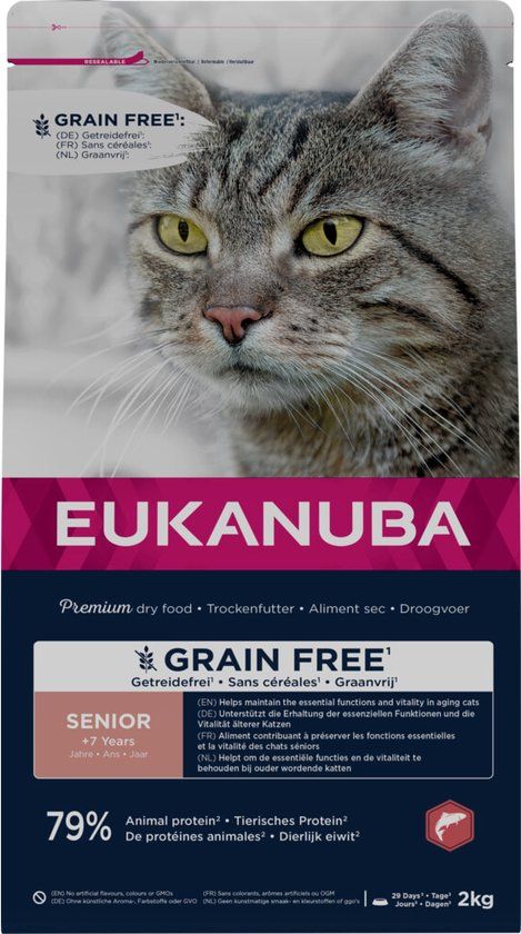EUKANUBA Graanvrij* premium senior kattenvoer met zalm - droogvoer voor oudere katten van 7 jaar, 2 kg