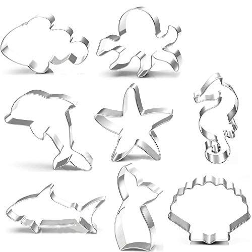 tarumedo Cookie Cutter Set, 8 stuks Ocean Creature Cookie Cutters - Zeemeermin Staart, Dolfijn, Zeester, Zeeschelp, Zeepaardje, Haai, Clownfish, RVS Koekjes Mallen Biscuit Fondant Bakvorm