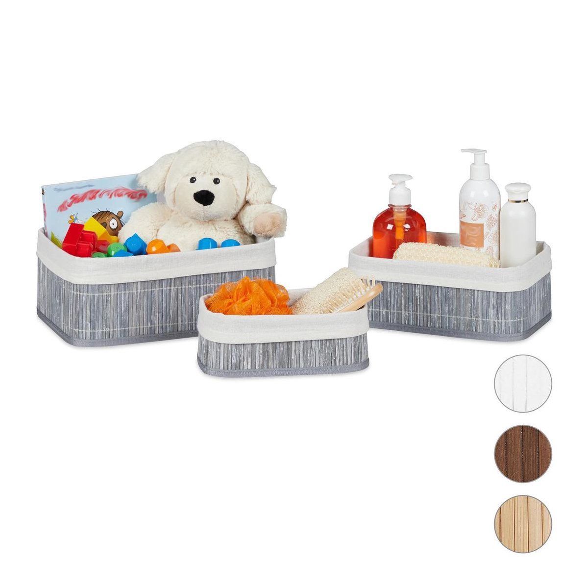 Relaxdays Opbergmand Set van 3 - Bamboe - Wit/Grijs