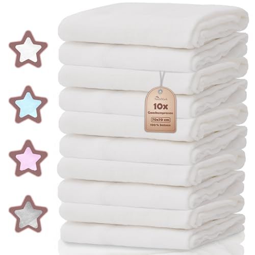 NatureMark Set van 10 Mousseline Doeken voor Baby – 100% Katoen – Zachte & Absorberende Doekjes voor Voeden & Babyverzorging, Luiers & Wasdoekjes, 70x70 cm, Wit