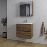 Saniclass Chaci Ensemble de meubles de salle de bain - 60x46x55cm - lavabo en céramique blanc - 1 vasque - 1 trou de robinetterie - 2 tiroirs - armoire miroir - noyer (bois)