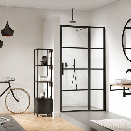 Sealskin Soho Nisdeur Draaideur Rechts met Vaste Wand 120x210cm Zwart 8mm Helder Glas Veiligheidsglas Seal Coating