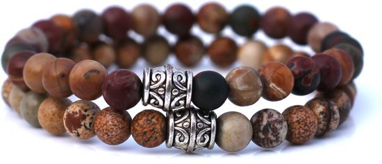 FortunaBeads Basic Set Beige en Rood Jasper Armbanden â€“ Heren â€“ Natuursteen â€“ Large 20cm