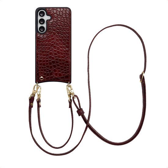 Selencia Hoesje - Geschikt voor Samsung Galaxy S25 FE - Croco Backcover met koord en pashouder - Burgundy