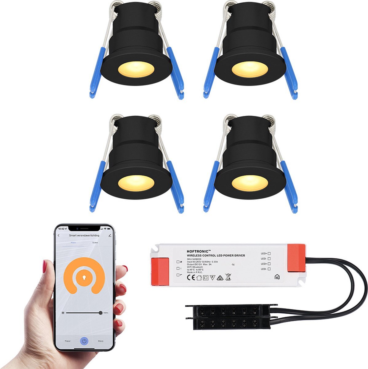 HOFTRONIC SMART 4x Milano zwarte Smart LED Inbouwspots complete set - Wifi & Bluetooth - 12V - 3 Watt - 2700K warm wit - Veranda verlichting - Voor binnen en buiten