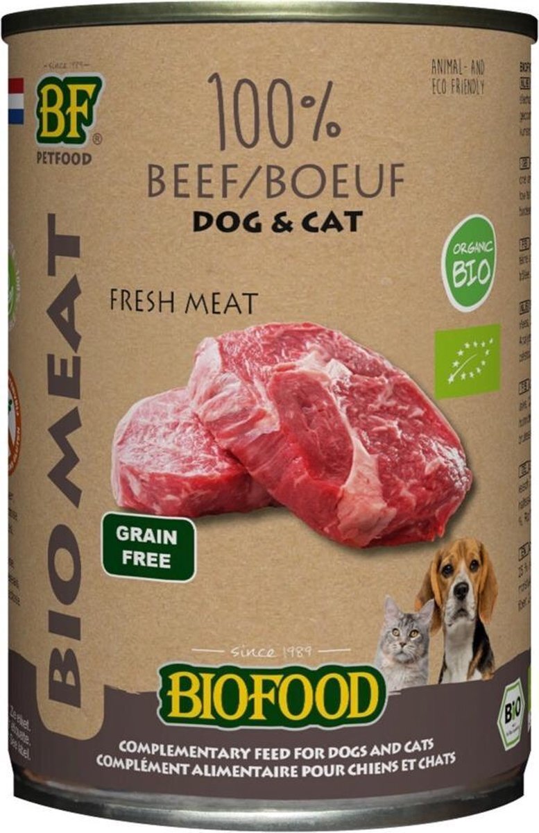 BIOFOOD organic hond 100% rund 12 x blik hondenvoer 400 gr - 4.8Kg in totaal