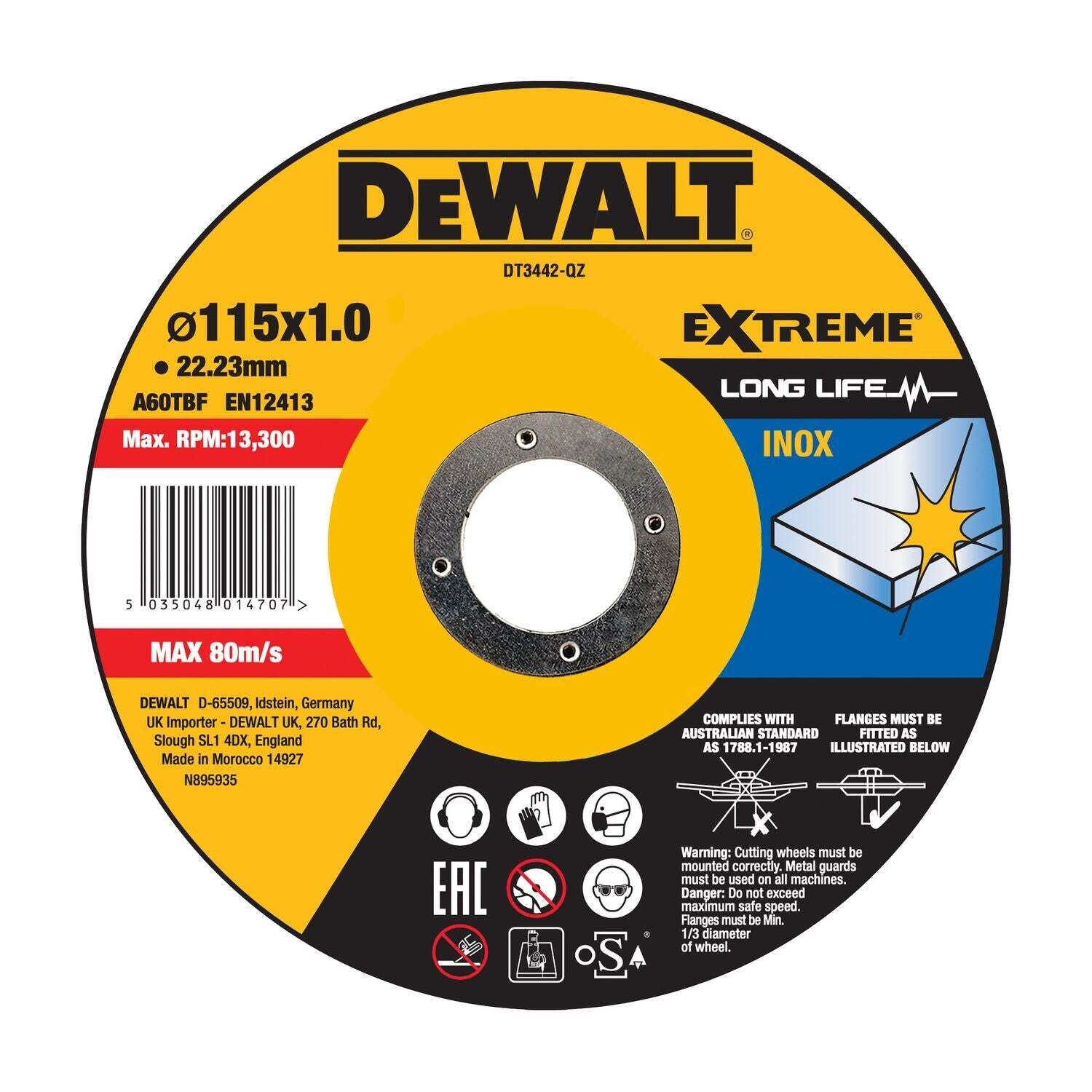 DeWALT DT3442 EXTREME™ Doorslijpschijf RVS 115mm