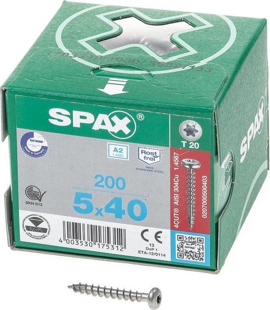 Spax Spaanplaatschroef cilinderkop RVS T-Star T20 5.0x40mm (200 stuks)