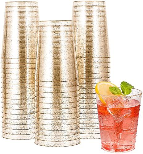 KAHEIGN 50 stuks plastic borrelglazen met gouden glitter, 300 ml, dessertkommen, plastic, ronde dessertbekers, helder, herbruikbaar, voor whiskey puddding mousse party (7,5 x 9,5 cm)