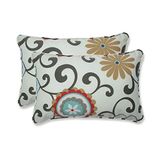 Pillow Perfect Bright Floral Indoor/Outdoor Throw Pillows, 2 Count, Lumbar - 11.5" x 18.5", Blue/Brown Pom Pom Play