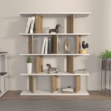 Stijlvolle boekenplank, wit en walnoot, 120 x 141 x 24,6 cm, 100% melamine gecoat deeltjesbord, 18 mm dik, perfect voor moderne decoratie thuis en op kantoor