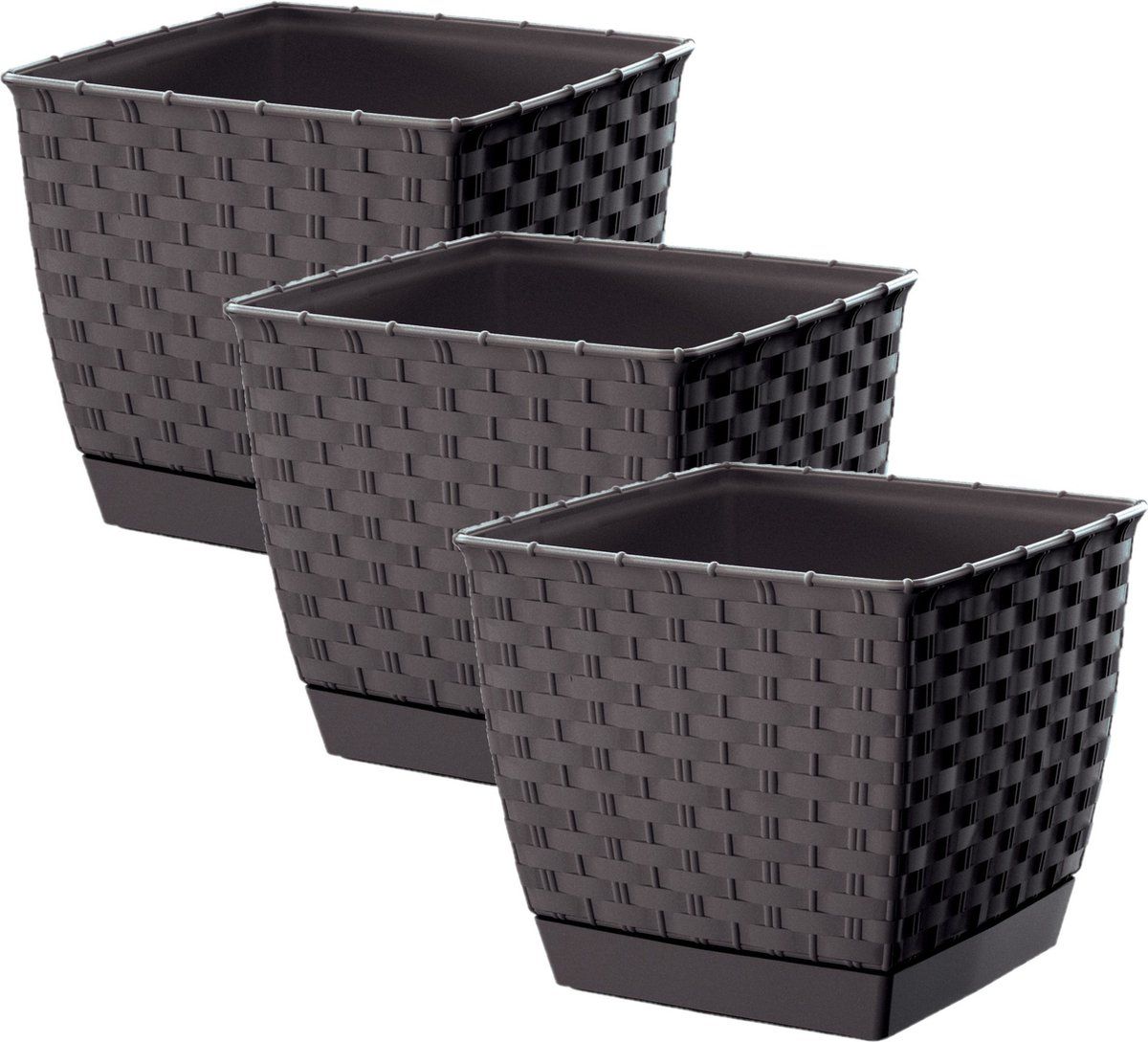 Prosperplast Set van 3x plantenpotten rotan kunststof 16.5 x 16.5 cm donkerbruin