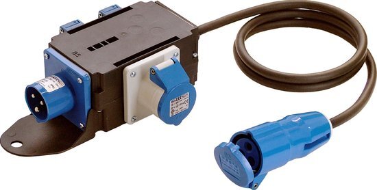 AS-Schwabe Mixo Stroomverdeler Saale, Verdeler met CEE-Stekker op CEE-Stopcontact, incl. 1,5 M Kabelkabel, 2 Cee-Dozen & Schuko-Stopcontact, Behuizing IP44, Zwart, 60497