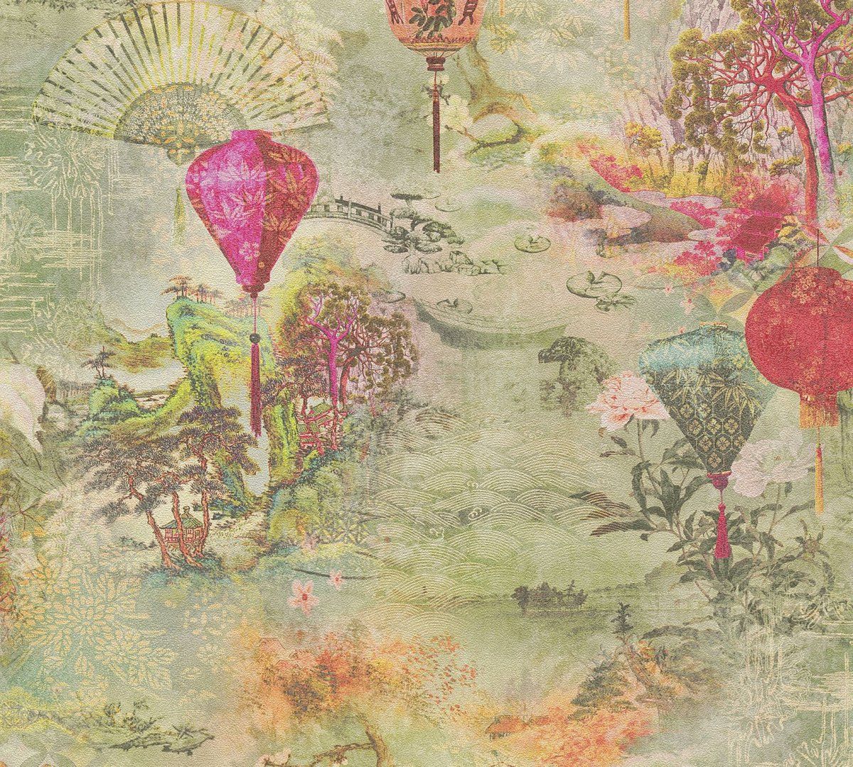 A.S. Création AZIATISCH BEHANG - groen geel rood - AS Creation Asian Fusion