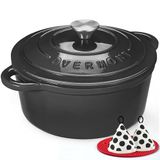 Overmont 28cm/6.6L geëmailleerde gietijzeren ronde braadpan met deksel, 7QT, kookboek -Non-stick Nederlandse oven voor stoven, stoofschotels, braden, brood bakken - grafiet grijs