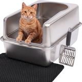 PRIORPET Terona B.V. Kattenbak RVS XXL – Gemakkelijk schoon te maken – Geurvrij, Lekvrij en Vlekvrij – 38L Inhoud – Roestvrijstalen Kattentoilet met hoge rand – Grote Kattenbak met Schep & Gritopvangmat – 60,5 × 40,5 × 29 cm