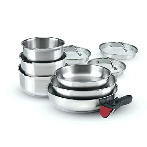 Q Design 10-delig inductiekookgerei - set bestaande uit 3 potten, 3 pannen en 3 deksels, zeef met 1 afneembare handgreep, roestvrij staal, set voor alle warmtebronnen, zilver