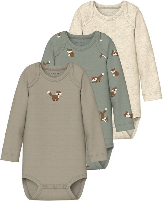 NAME IT NBMBODY 3P LS FOX NOOS - Baby Bodies - Mannen - Shadow - Dierenprint - Lange mouw - 3 stuk(s) - 92