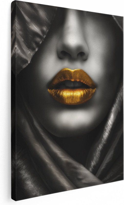 Artaza Canvas Schilderij Zwart Wit Portret Vrouw Gouden Lippen 60x80