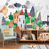 Papier peint photo Île au trésor colorée avec château bateau pirate en mer pour enfants