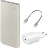 Samsung Originele Powerbank Bundel | Samsung Galaxy Batterij Pack 10.000 mAh - 2x USB-C - Beige + Samsung 25 Watt USB-C Adapter - Wit